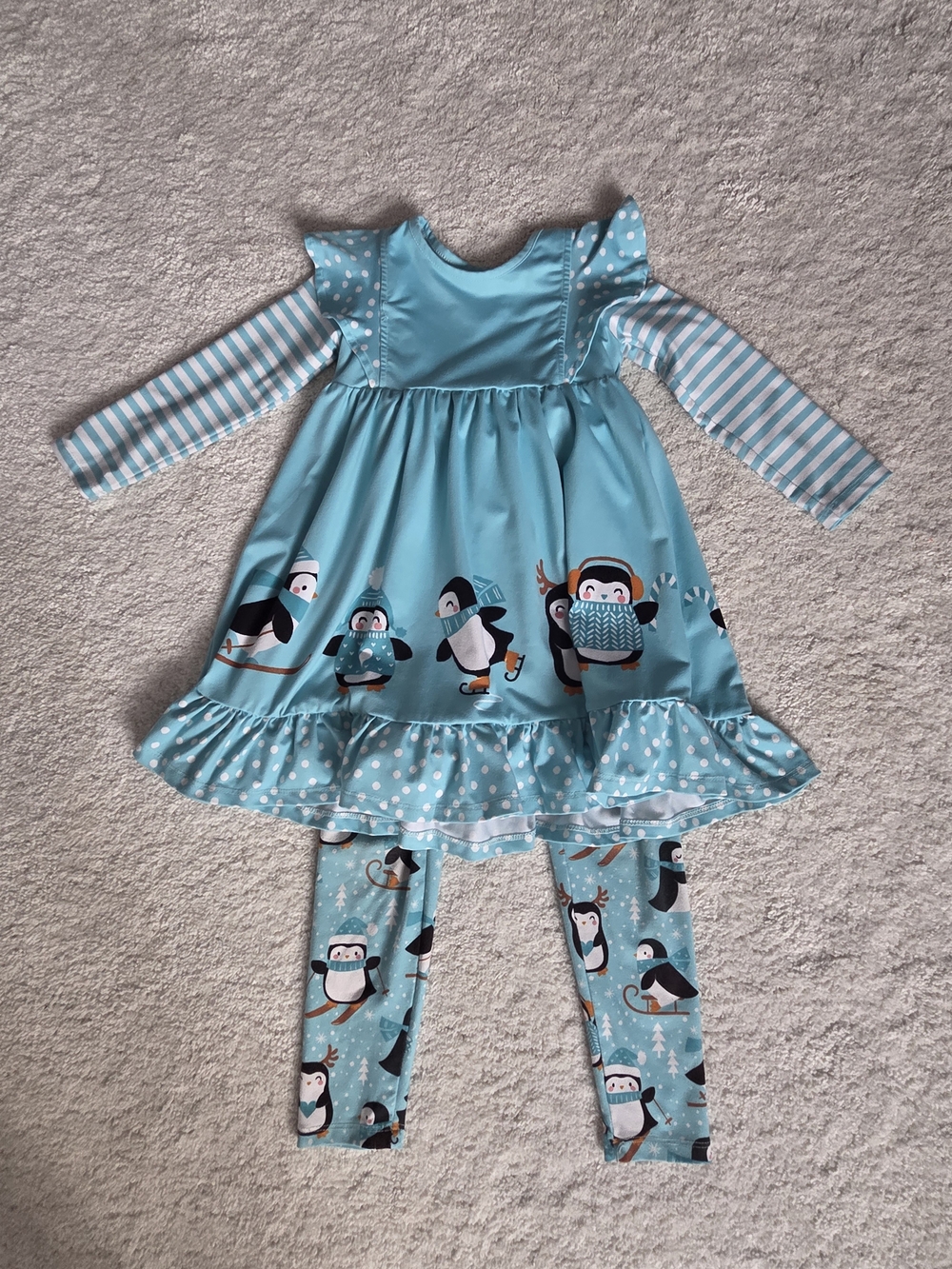 Millie Loves Lily Aqua Penguin Ruffle Dress & Leggings Set